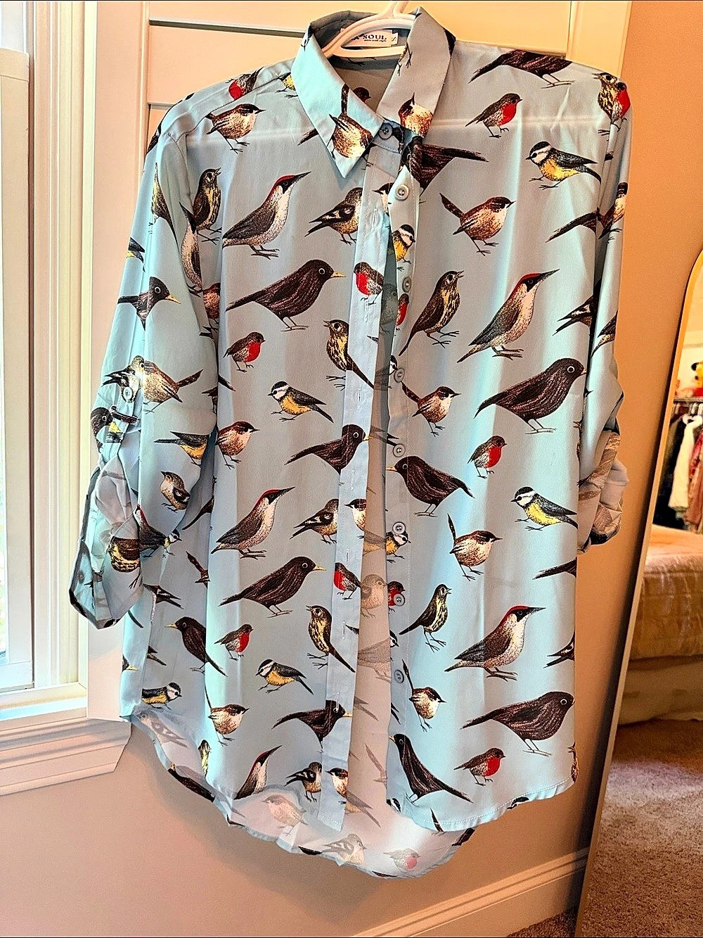 L.A. Soul Bird Print Blouse in Blue Size Small